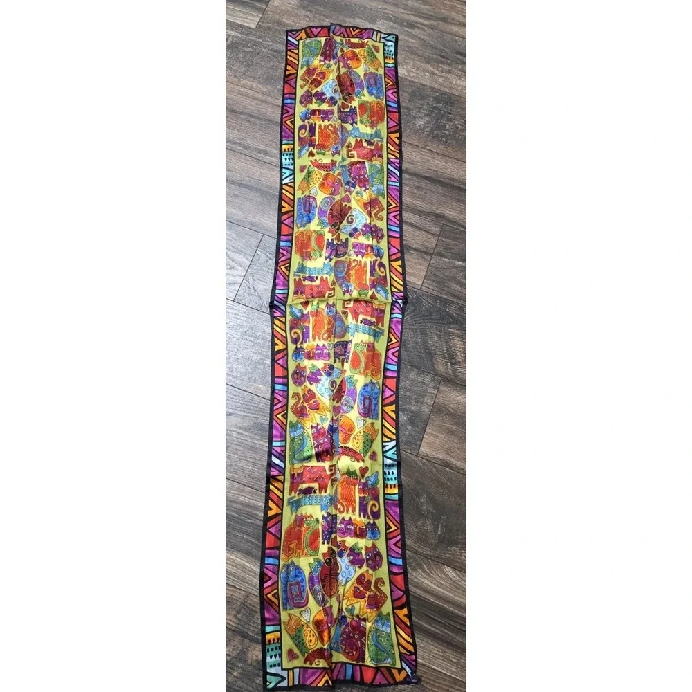 Laurel Burch Silk Colorful Felines Cat Silk Scarf Rectangle Vintage - Picture 3 of 5